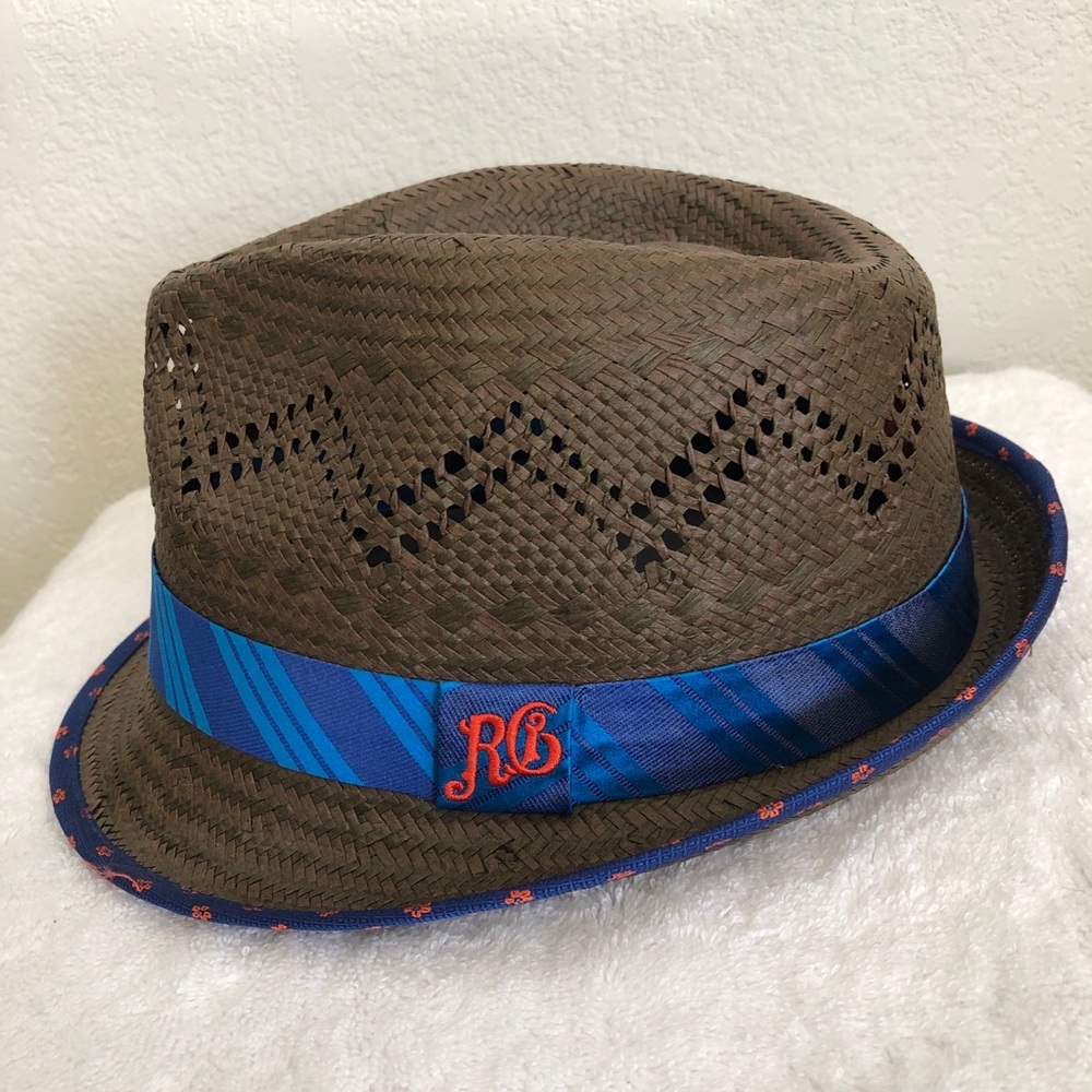 Robert Graham Paper and Silk Straw Fedora Hat Brown with Blue Stripe Band Size L